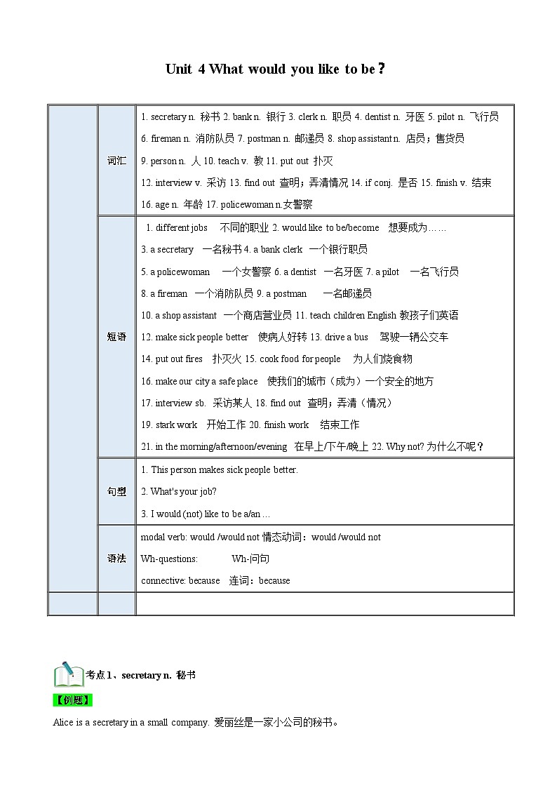 【期中单元考点讲义】(牛津上海版) 2023-2024学年六年级英语上册Unit 4 What would you like to be? 讲义 (解析版)第1页