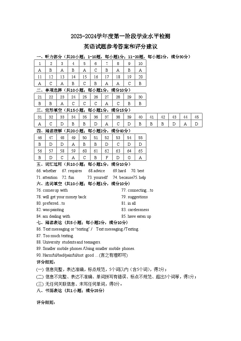 2023-2024阶段一九年级英语参考答案和评分建议 (1)第1页