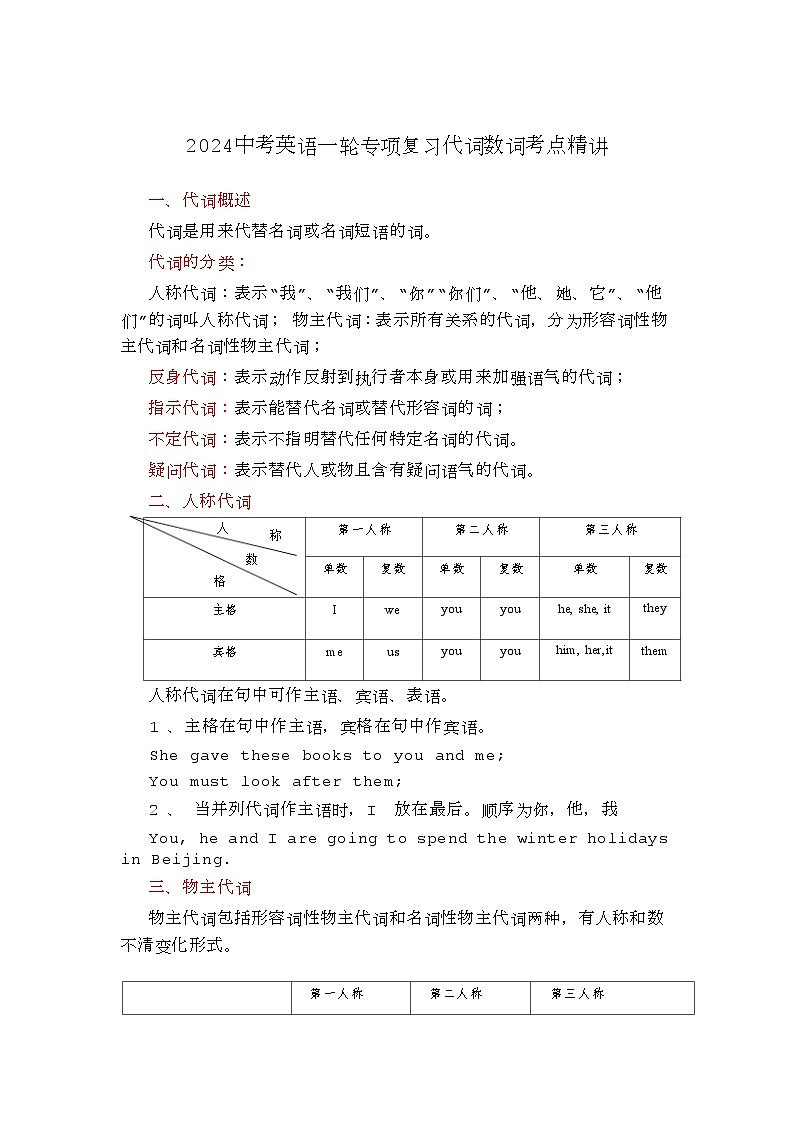 2024中考英语一轮专项复习代词数词考点精讲第1页