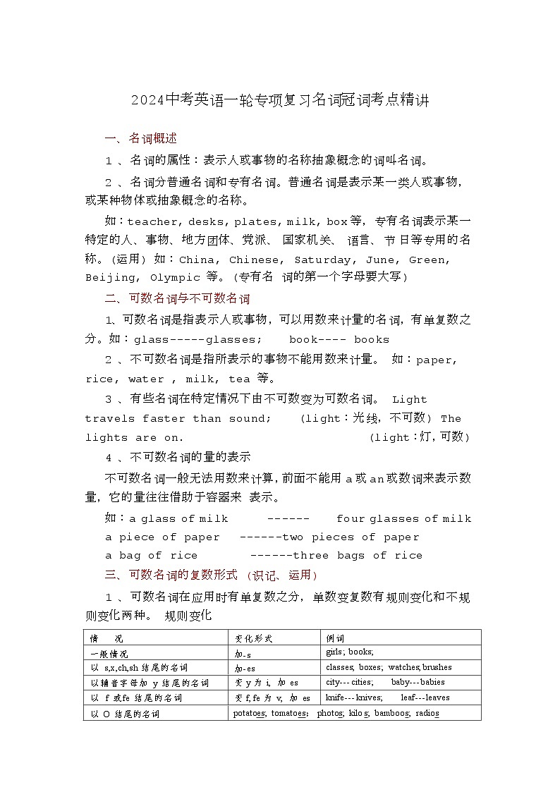 2024中考英语一轮专项复习名词冠词考点精讲第1页