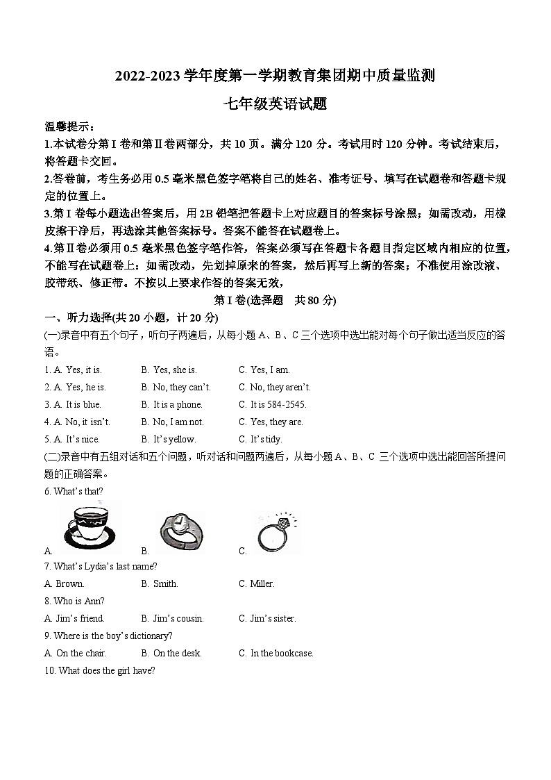 山东省滨州市博兴县2022-2023学年七年级上学期期中考试英语试题01