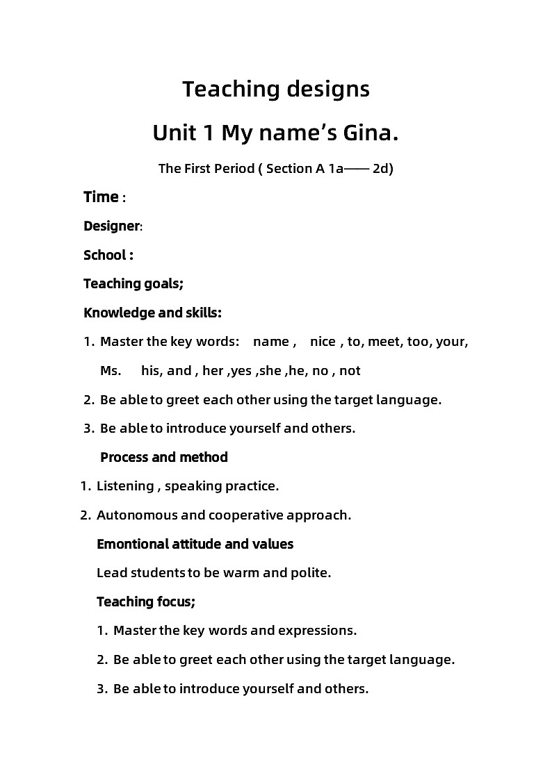 人教版七年级上册Unit 1 My name’s Gina. Section A (1a-2d) 教学设计01