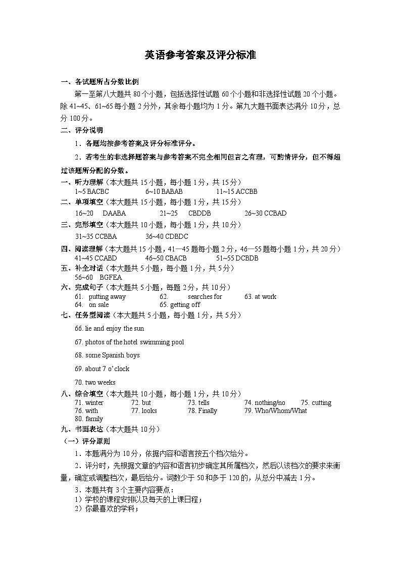 英语参考答案及评分标准第1页