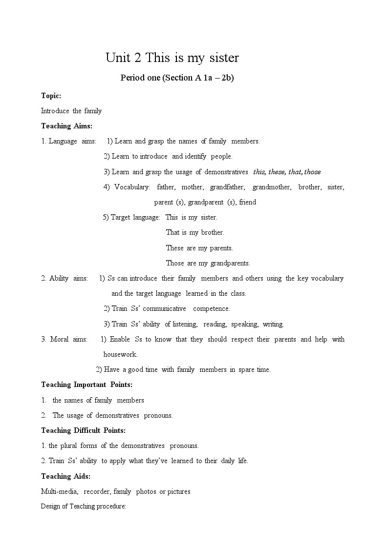 Unit 2 Section A 1a-2b 教案 人教版七年级上册英语第1页