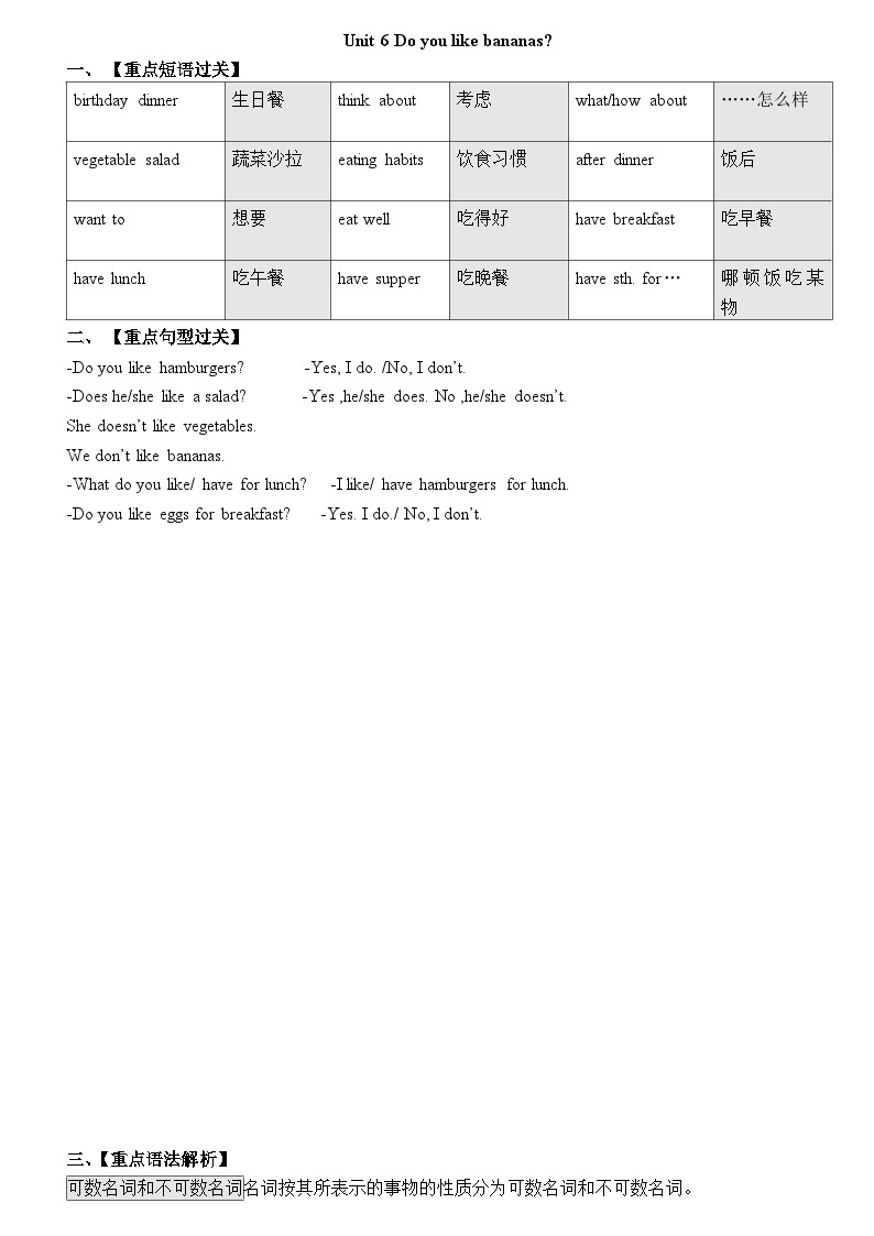 Unit 6 Do you like bananas_重点语法归纳总结 人教版七年级英语上册01