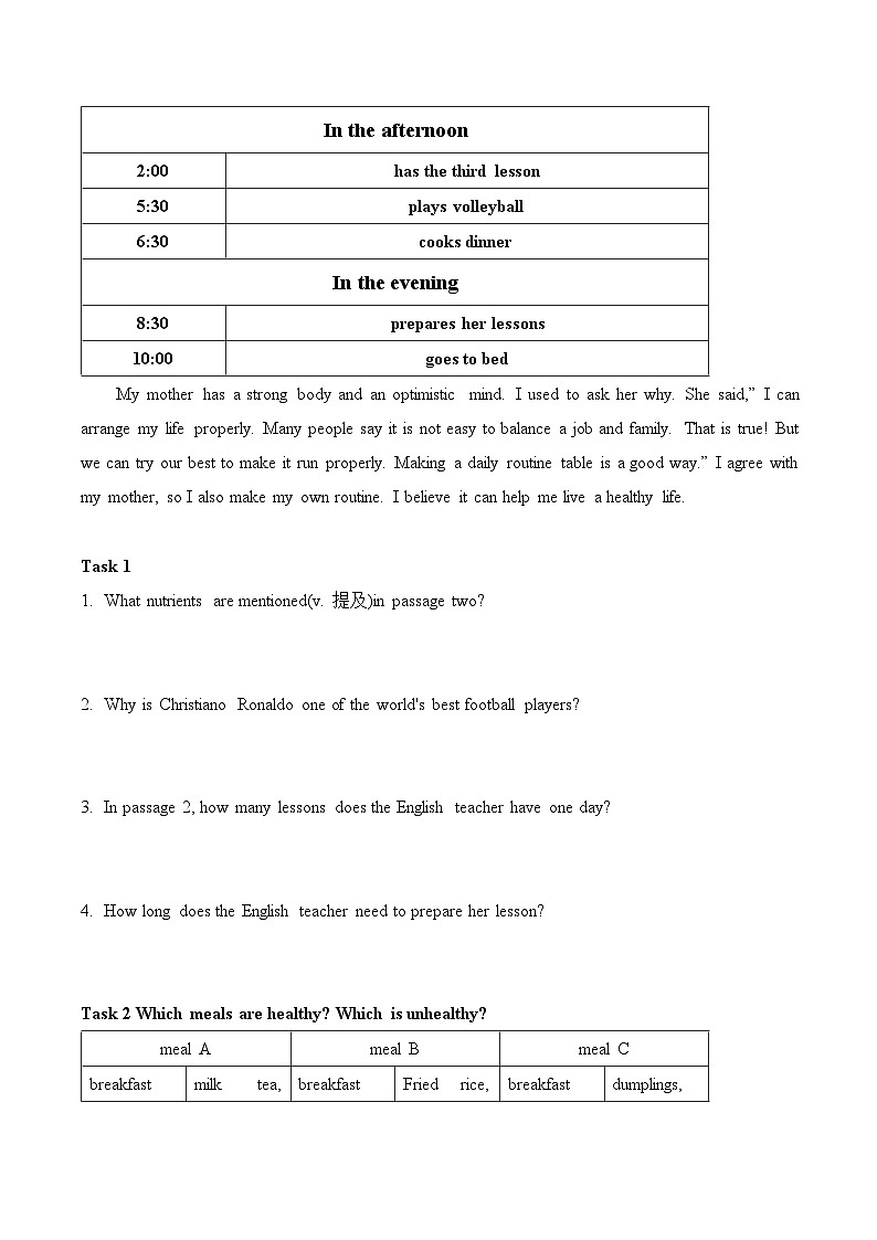 Unit 2 What time do you usually go to school 拓展阅读课学案 人教版英语七年级下册02