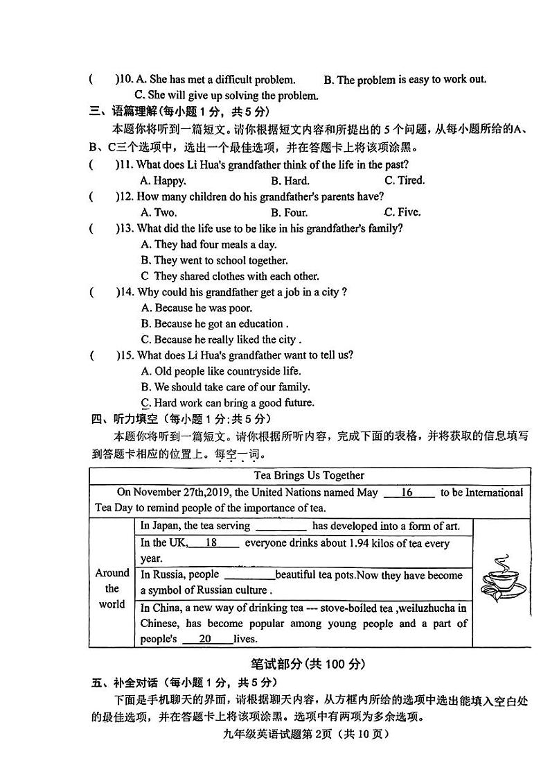 山西省晋中市榆社县 2023-2024学年九年级上学期期中质量监测英语试卷第2页
