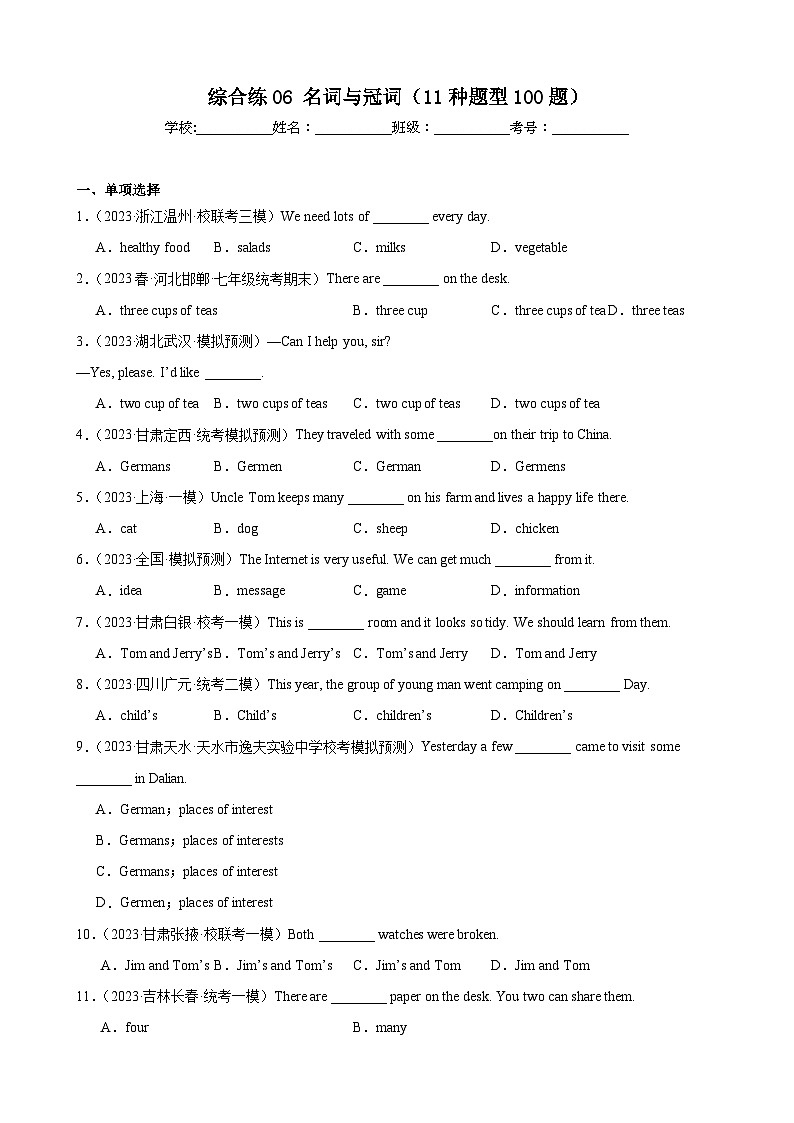 综合练06 名词与冠词(11种题型100题)(全国通用)(原卷版)第1页