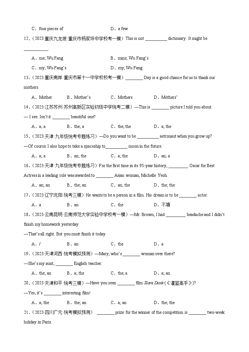 综合练06 名词与冠词(11种题型100题)(全国通用)(原卷版)第2页