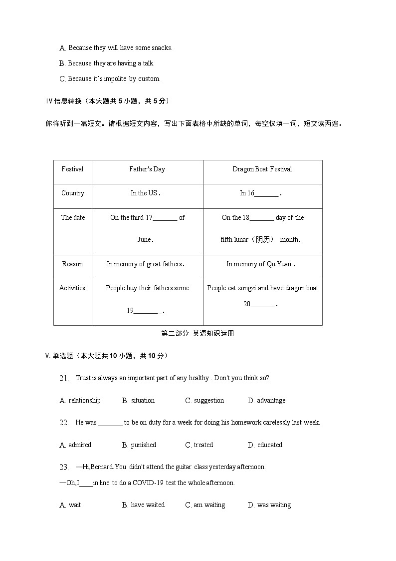 2023年安徽省滁州市定远县九梓学校一模英语试题03