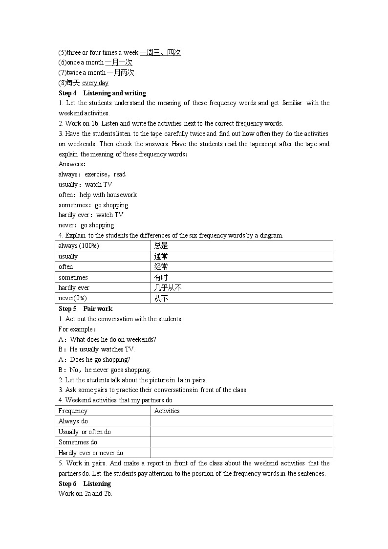 人教新目标版英语八年级上册 Unit 2 How often do you exercise Period 1 （Section A 1a-2c）教案03