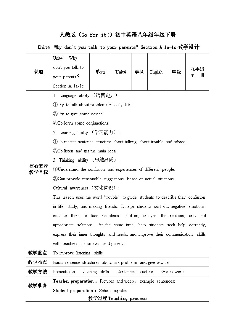 【核心素养目标】人教版初中英语八年级下册 Unit4 Why don't you talk to your parents? Section A 1a-1c教案+课件01