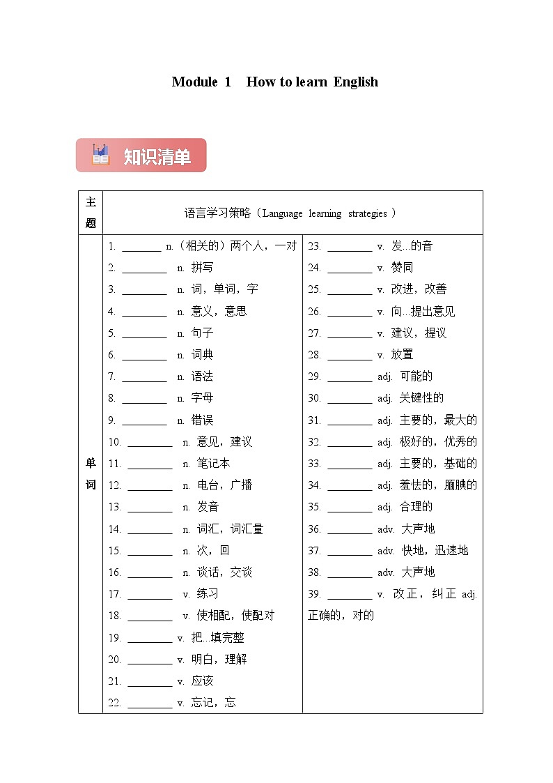 【名师导航】Module 1  How to learn English 表格式过关知识清单(外研版八上)第1页