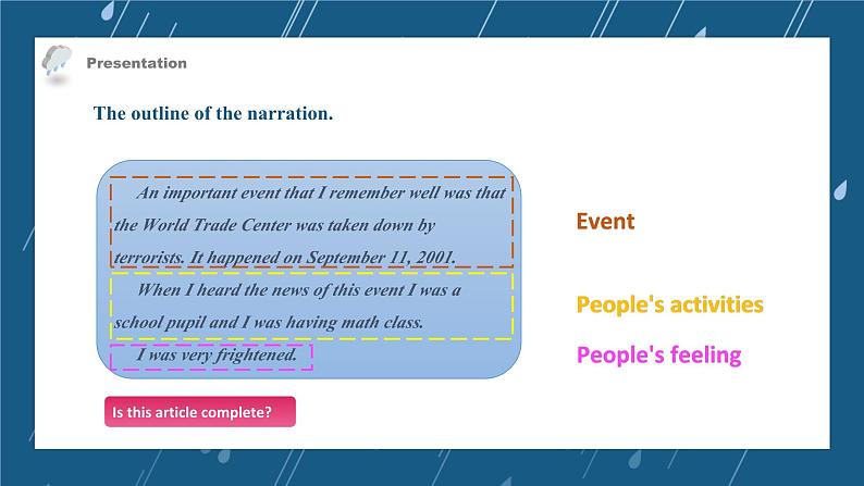 【核心素养目标】人教版初中英语八年级下册 Unit5 What were you doing when the rainstorm came?Section B 3a-Self check教案+课件04