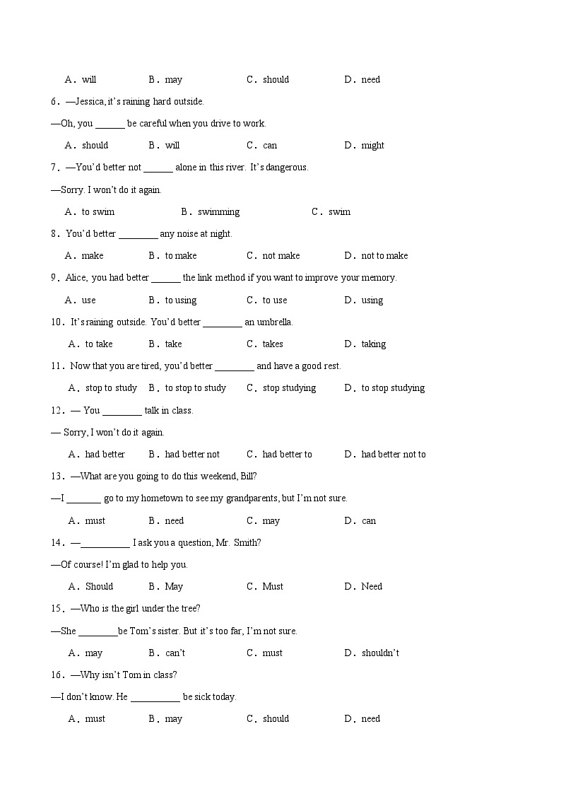 【寒假作业】（牛津译林版）初中英语 2024年八年级  寒假训练 06 情态动词should、had better和may练习.zip03