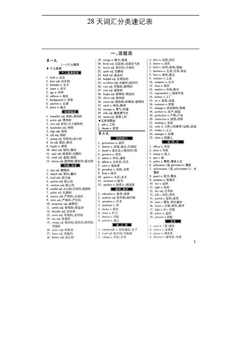 中考英语复习专题精讲学案一张寒假单词速记表01