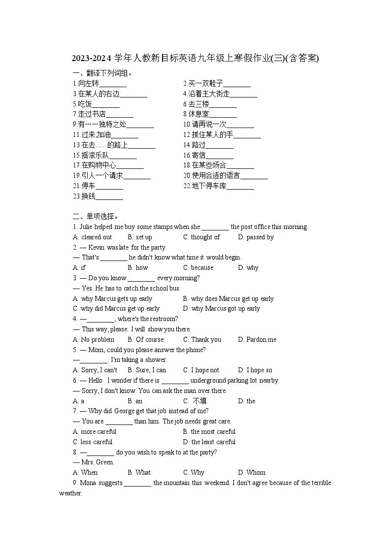 2023-2024学年人教新目标英语九年级上寒假作业(三)(含答案)