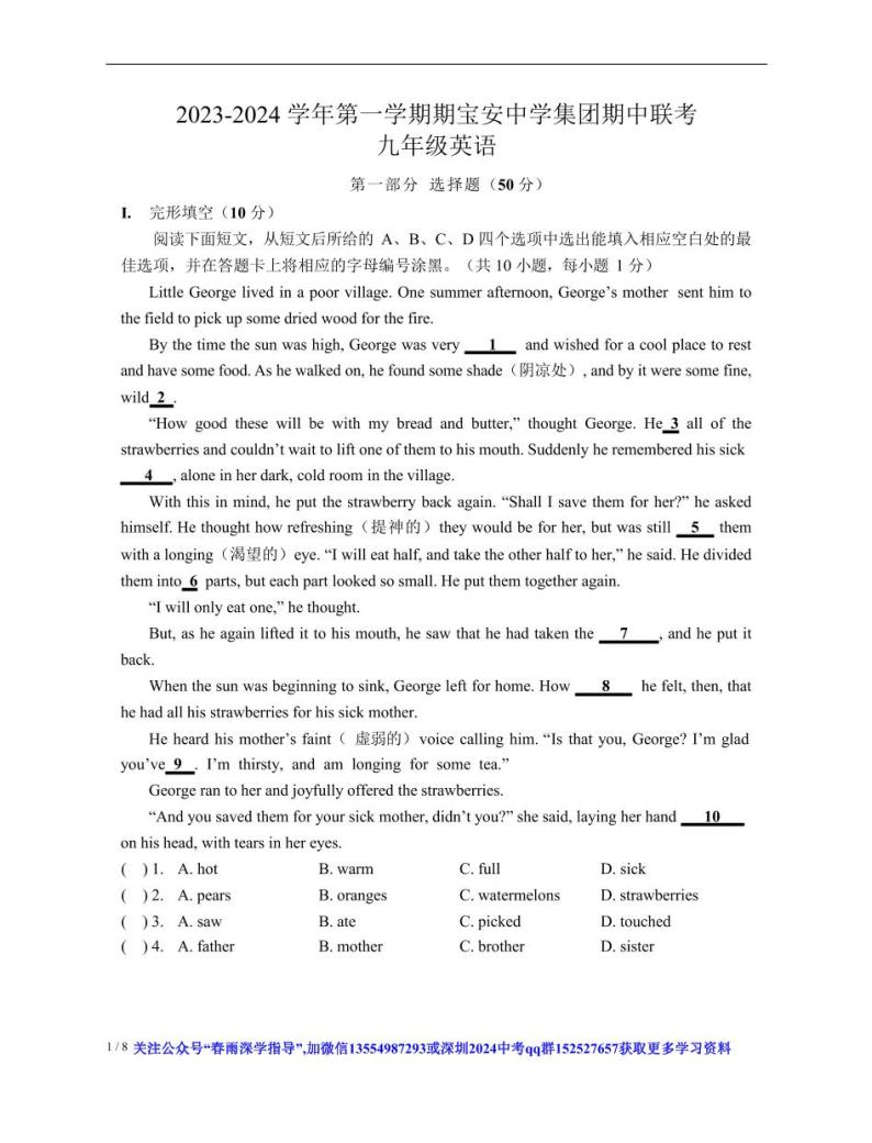 广东省深圳市宝安区宝安中学集团2023-2024学年九年级第一学期期中考试英语试题01