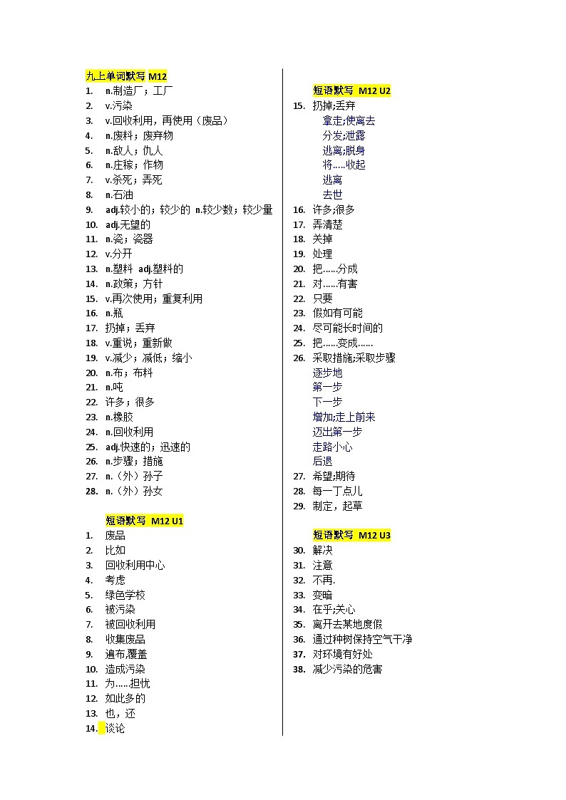2023-2024学年外研版英语九年级上册Module12 Save our world单词短语默写 (含短语 )练习01