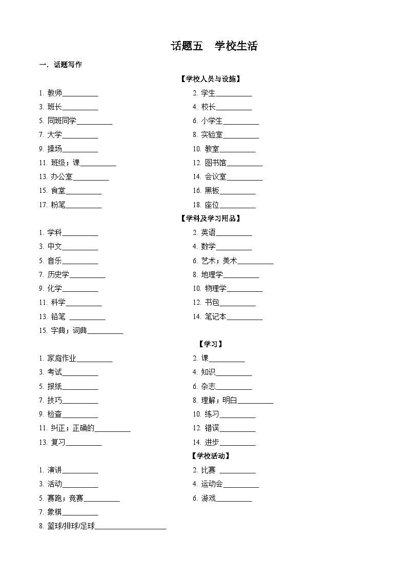 专题5.学校生活(词汇+句式+范文)-2024届中考英语作文复习素材(原卷版)第1页