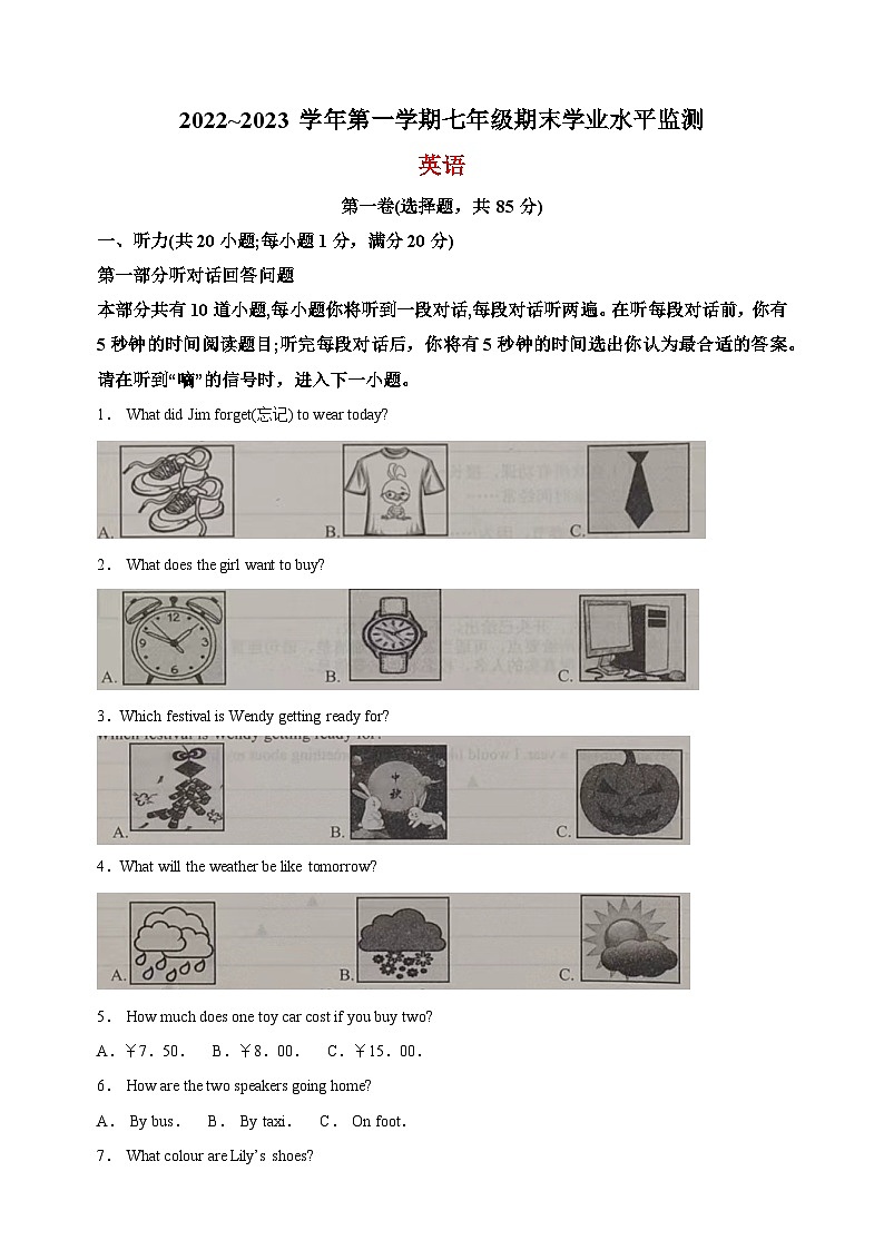 宿迁市泗阳县2022-2023学年七年级上学期期末英语试题(含答案解析)01