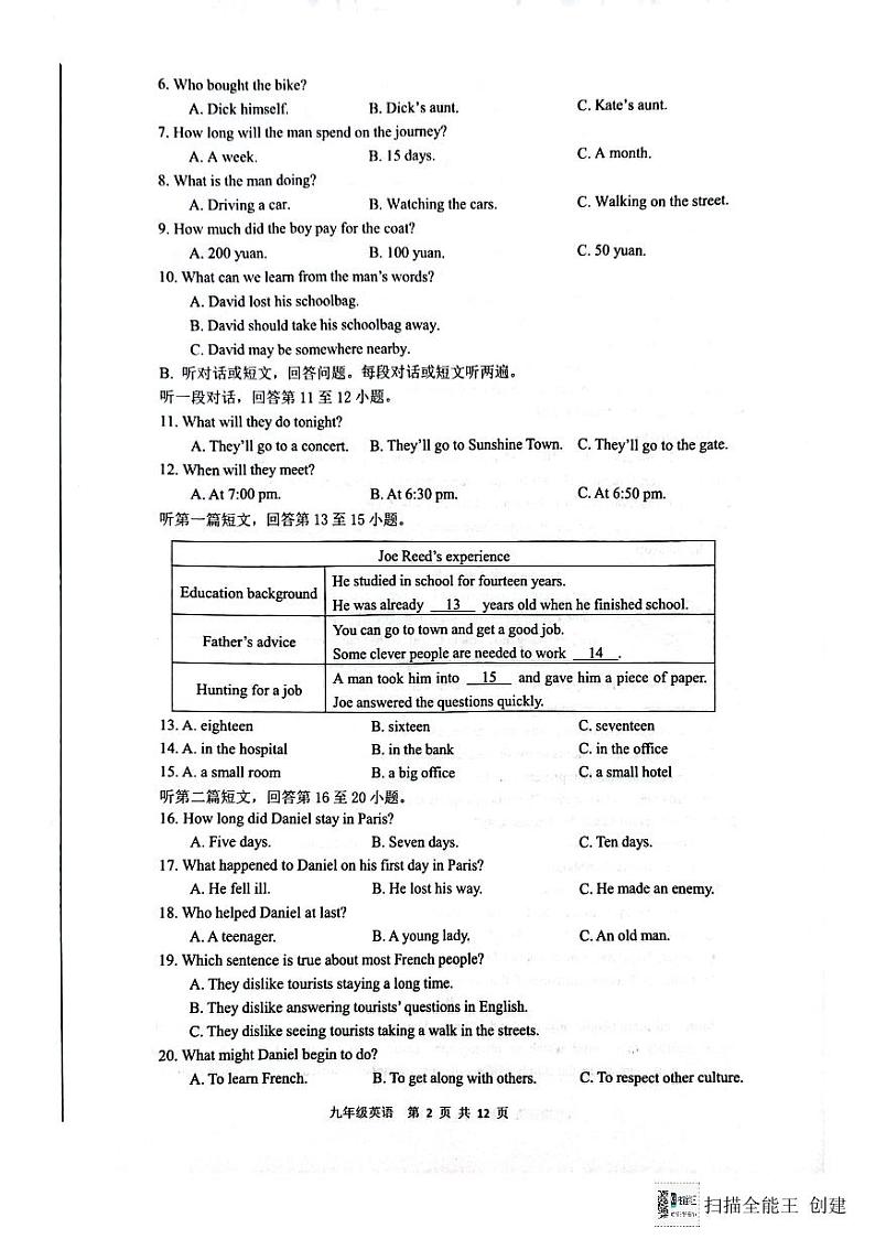 江苏省南通市海门区2023-2024学年第一学期期末考试九年级英语试卷第2页