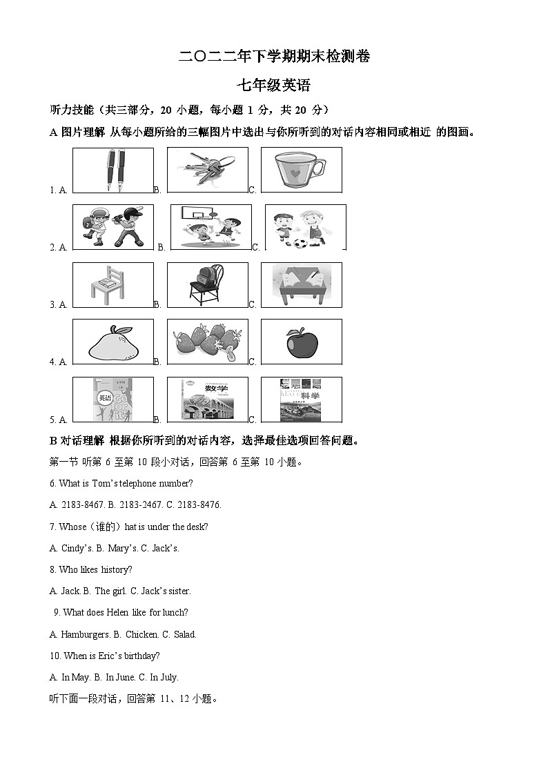 湖南省岳阳市平江县2022-2023学年七年级上学期期末考试英语试题01