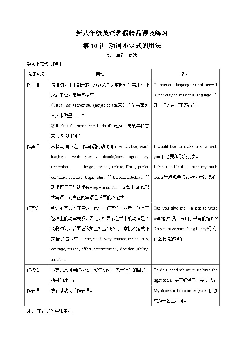 第10讲 动词不定式的用法-新八年级译林版英语暑假重难点精讲及专项训练01