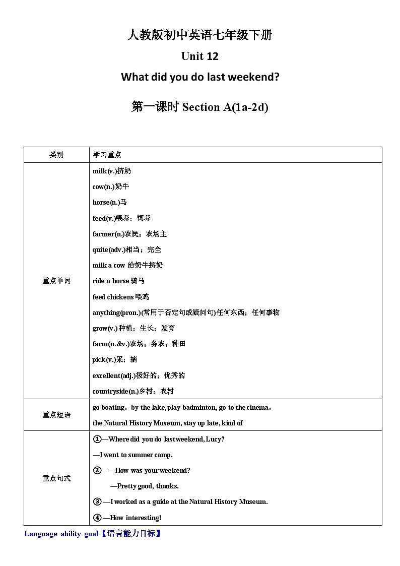 人教新目标英语七下Unit 12 What did you do last weekend 第一课时 (Section A 1a-2d)教案第1页