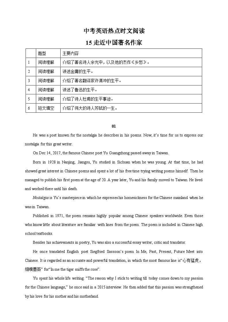 15走近中国著名作家-中考英语时文阅读练习(含答案解析)第1页