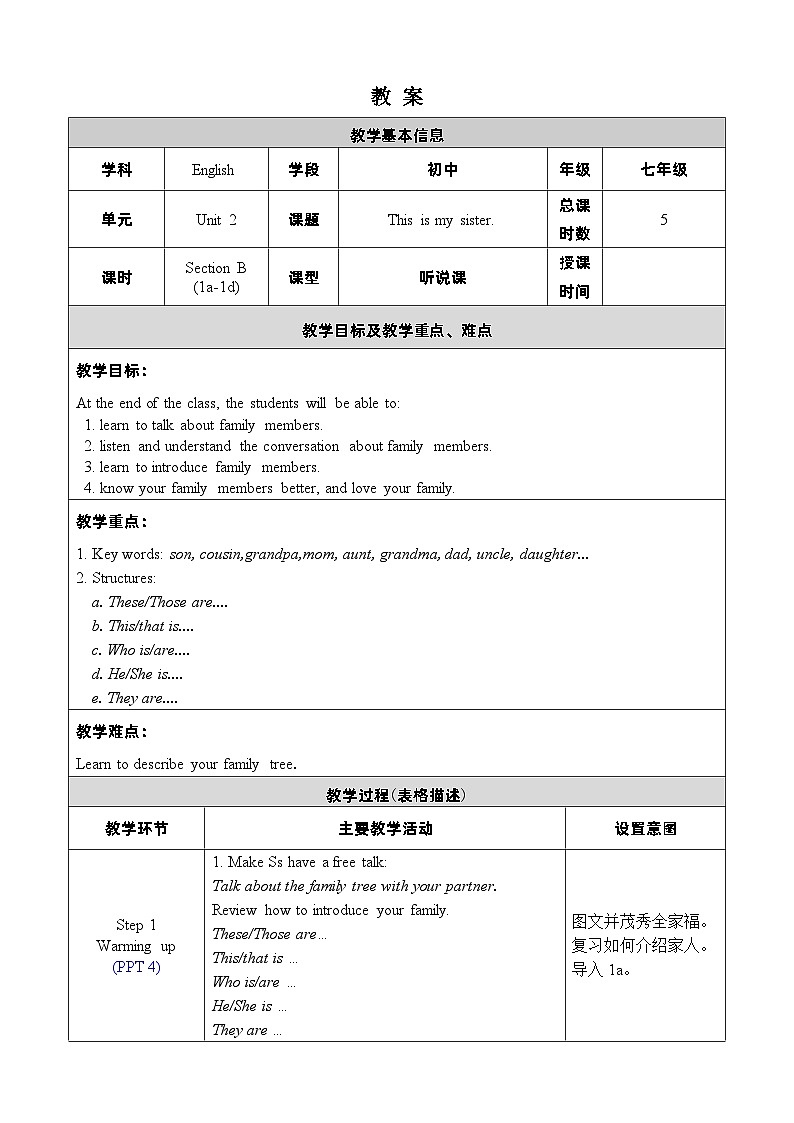 人教新目标(Go for it)版七年级上 Unit 2 This is my sister Section B 1a-1d教案01