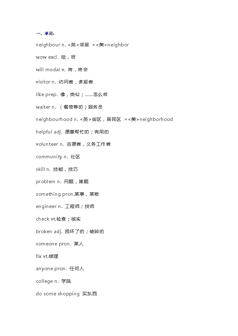 七年级英语下第2单元单词翻译及知识点01