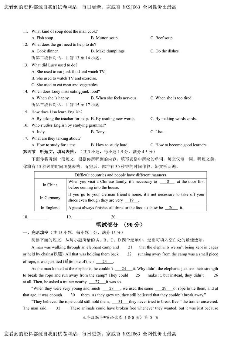 湖北省部分学校2023-2024学年九年级下学期二月收心考试英语试题(1)第2页