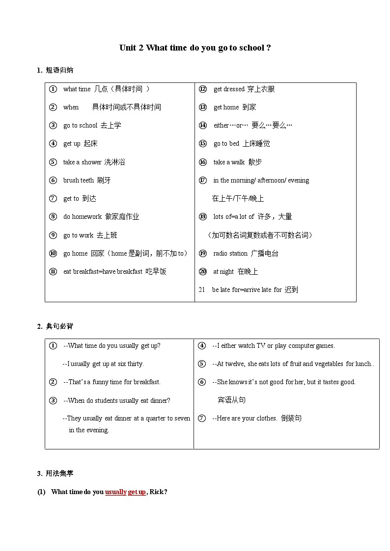 人教版七年级下册英语Unit 2 知识点语法归纳总结01