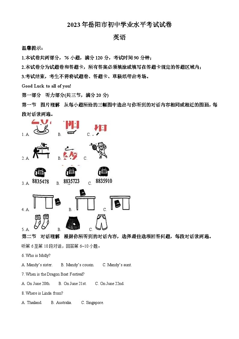 2023年湖南省岳阳市中考英语真题(含解析)01