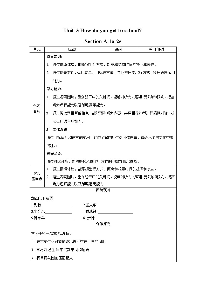人教新目标版英语七年级下册  Unit 3 第1课时 (Section A 1a-2e) 课件+教案+导学案+分层作业01