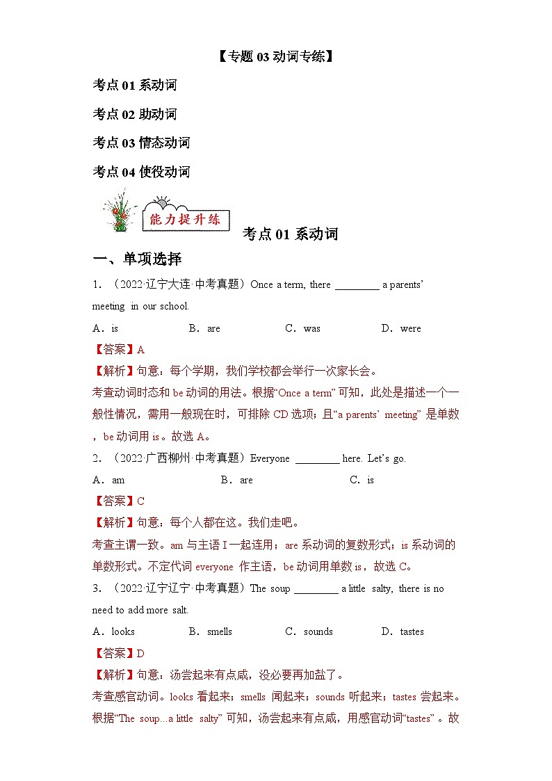 中考英语考前冲刺语法图解过关专题03 动词和动词短语【练习】(含解析)第1页
