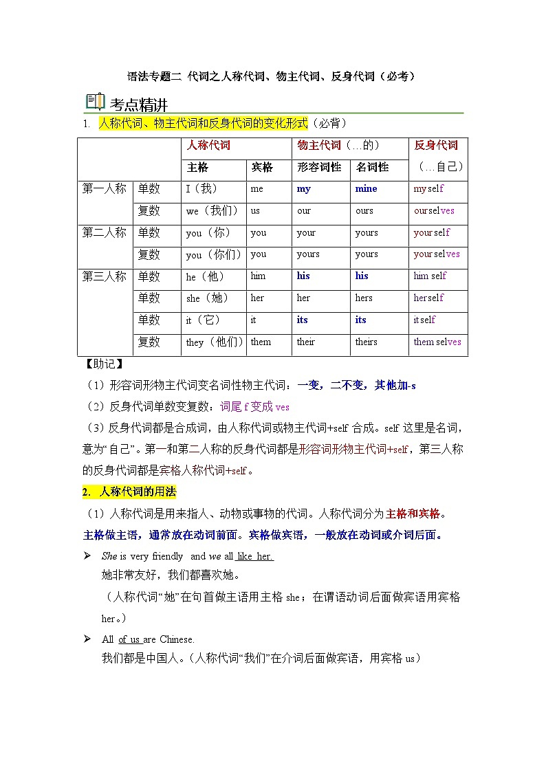 中考英语一轮复习语法一遍过语法专题二 代词1(含解析)第1页
