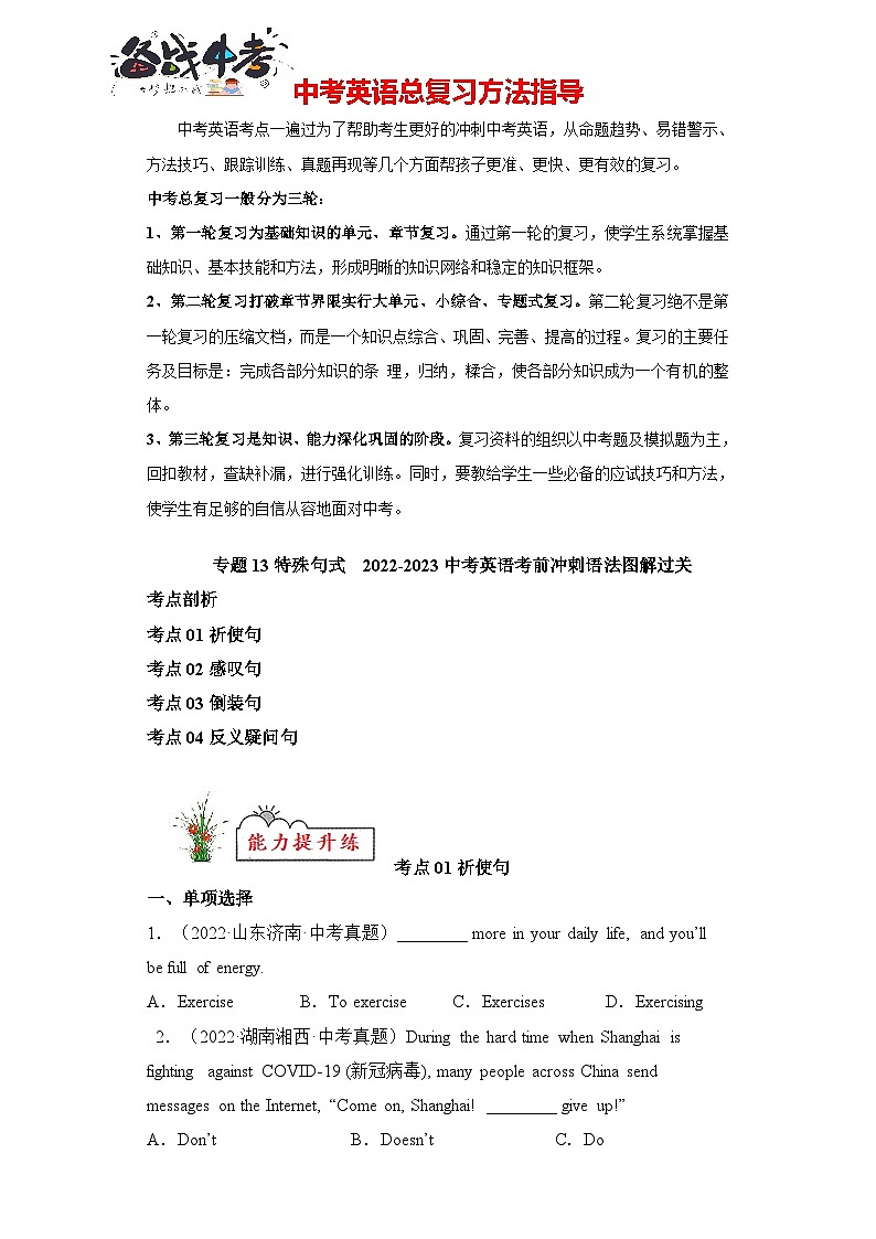 专题13 特殊句式-2023年中考英语考前冲刺语法图解过关(原卷版)第1页