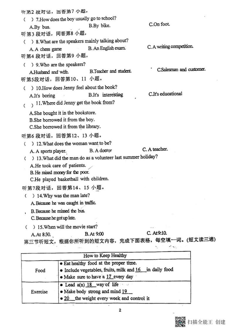 福建省莆田市秀屿区毓英中学2023-2024学年九年级下学期4月月考英语试题02