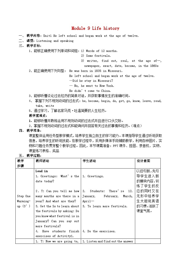 2024七年级英语下册Module9Lifehistory教学设计(表格式外研版)第1页