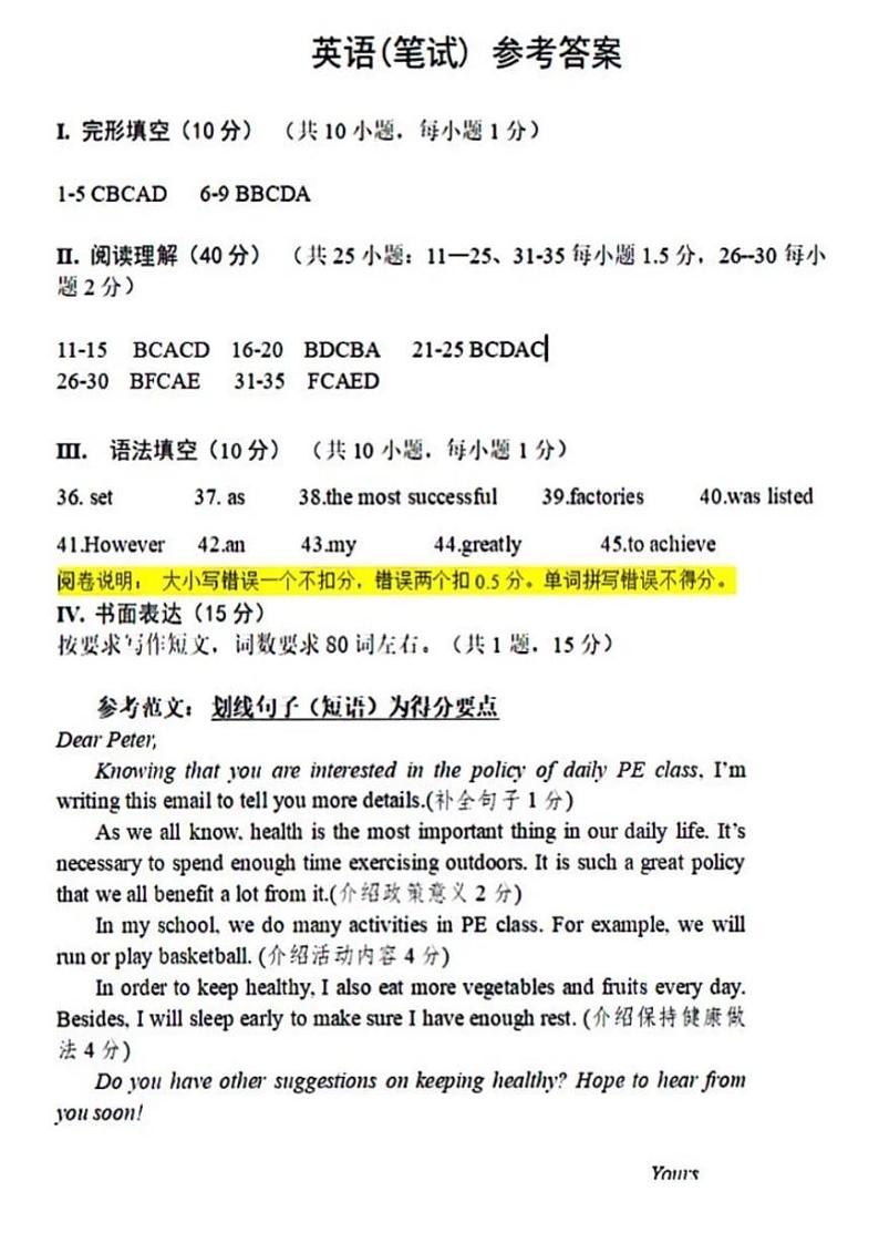 2024年4月深圳市龙华区初三二模英语答案第1页