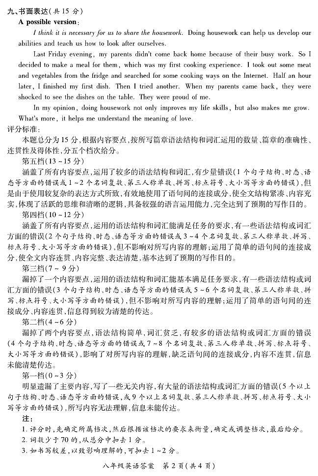 八年级期中试卷·英语(人教版)参考答案第2页