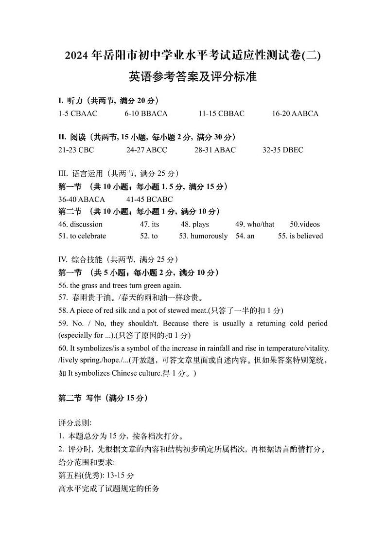 10,2024年湖南省岳阳市中考英语二模适应性测试试卷01