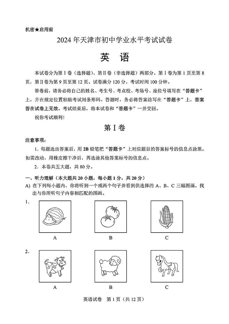 2024年天津市初中学业水平考试试卷-英语【含答案】01