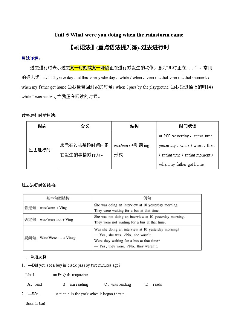 Unit 5【刷语法】过去进行时(重点语法提升练)-2023-2024学年八年级英语下册单元模块满分必刷题(人教版)第1页