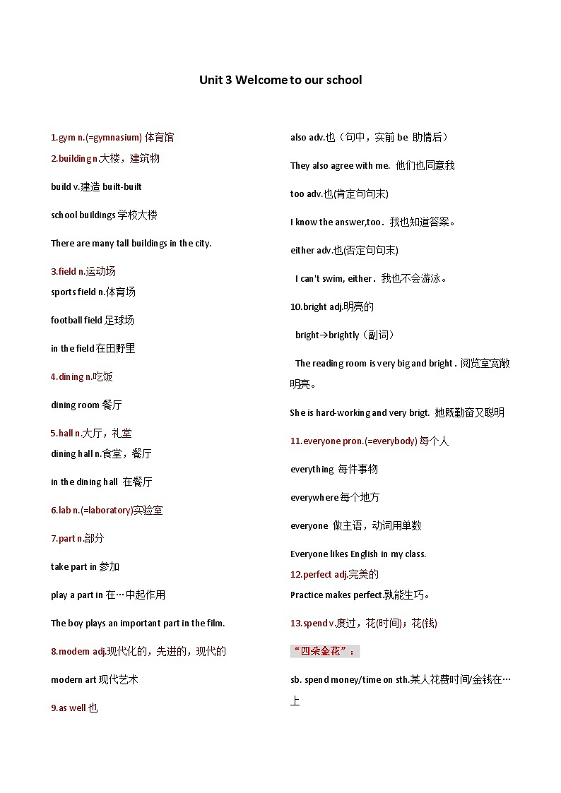 Unit 3 Welcome to our school单词详解 教案 新牛津译林版英语七年级上册01