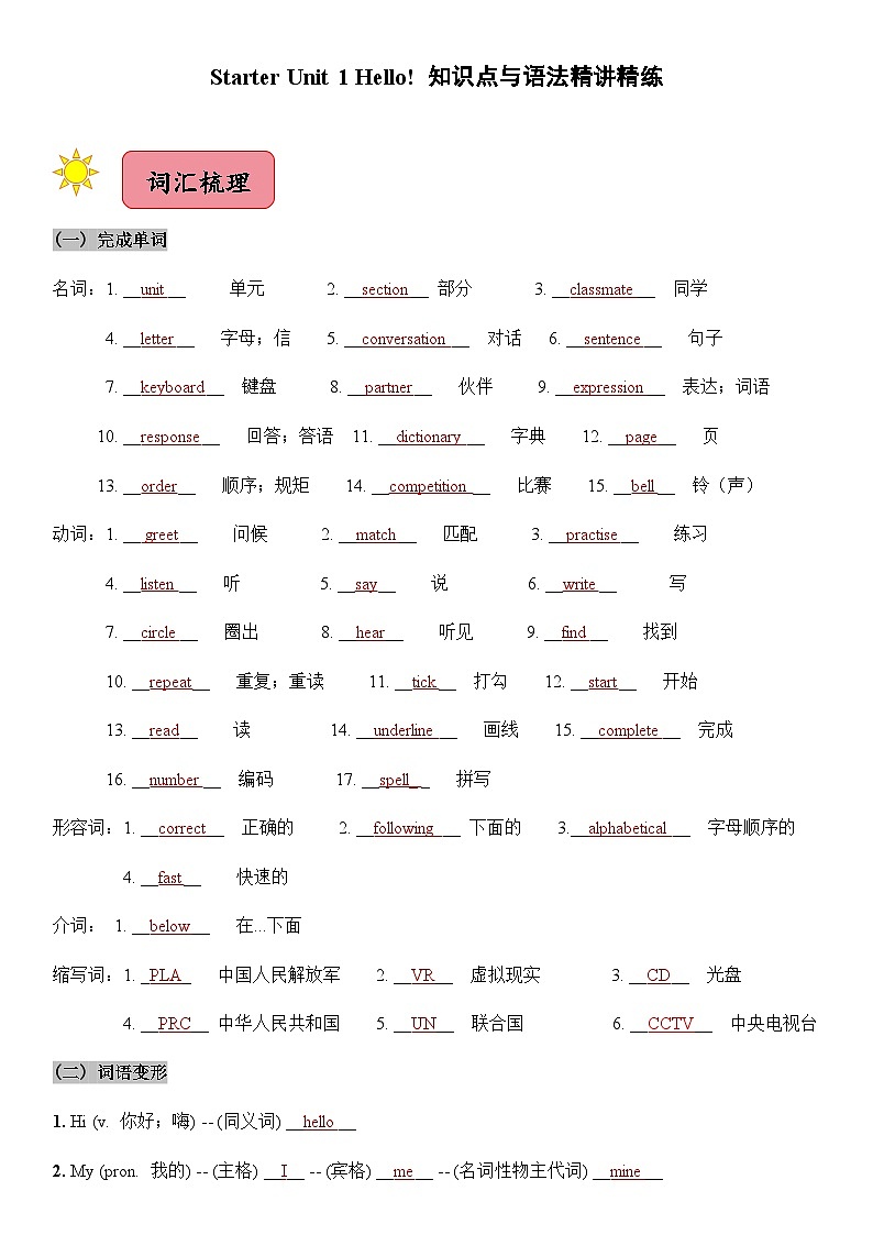 2024新人教版七年级上册英语Starter Unit 1知识点梳理及语法讲义(教师版+学生版)01