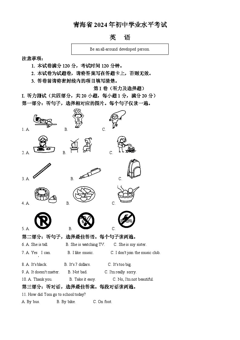 精品解析:2024年青海省中考英语真题01