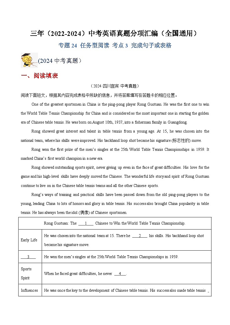 三年(2022-2024)中考英语真题分类汇编(全国通用)专题24 任务型阅读 考点3 完成句子或表格(解析版)第1页